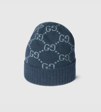 Bonnet et Écharpe en jacquard de cachemire GG bleu marine et bleu clair