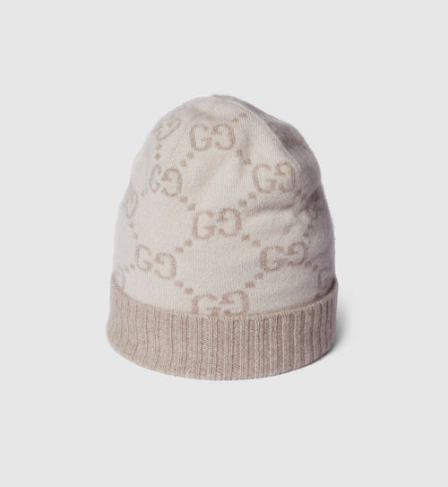 Bonnet et Écharpe en jacquard de cachemire GG blanc cassé et beige